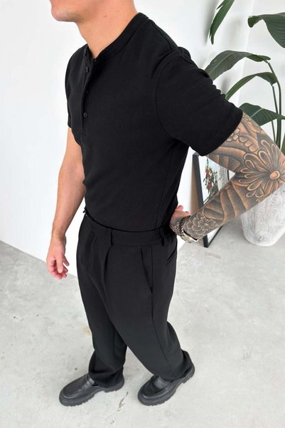 HAFKA Black Premium Ribbed Buttoned Collar Relax Fit Short Sleeve T-Shirt