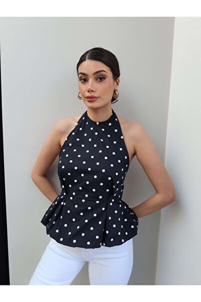 ESRAHELVACI Πουά Μπλούζα Μπαλόνι με Ανοιχτή Πλάτη