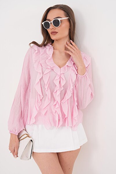 ŞİMAL Γυναικεία μπλούζα με βολάν και λεπτομέρεια σε σχήμα V 260502