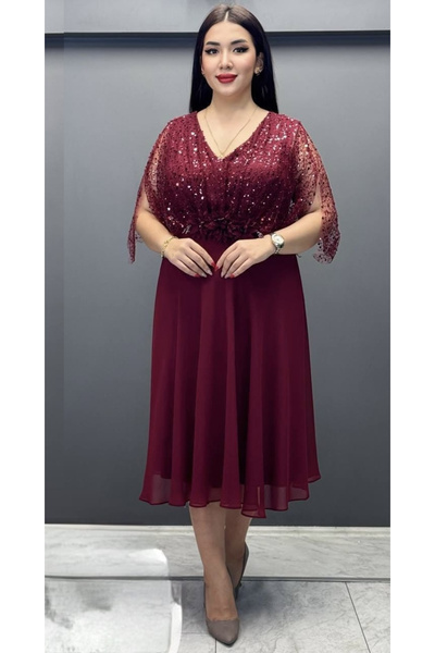 Sienna Fashion Μπορντό μίντι φόρεμα με διαφανή μανίκια από βουάλ Γκλόρια