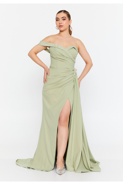 Sienna Fashion Μοναδικό κομψό μακρύ στράπλες φόρεμα σε πράσινο φιστικί, Κάλλια