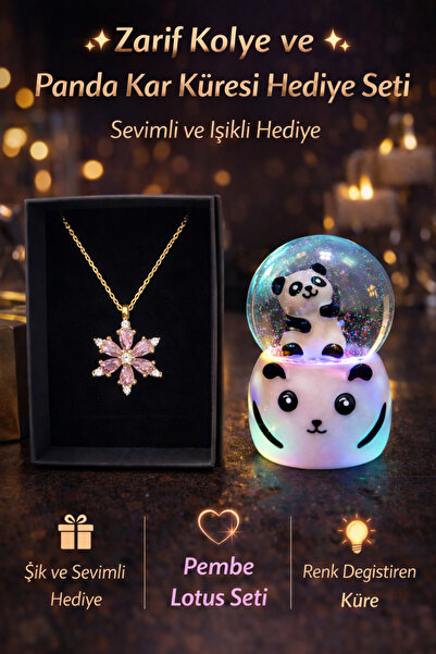 Selvica Işıklı Pandalı Kar Küresi Lotus Kamelya Kolye Doğum Günü Hediyesi Kız...