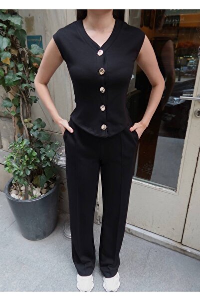 franky B Women's Modal Fabric Gold Buttoned Top and Bottom Set