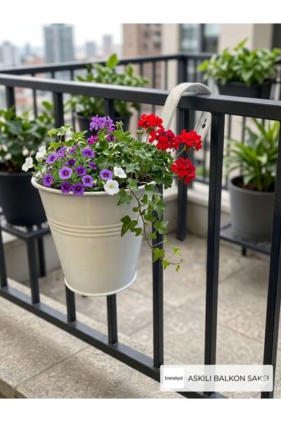 bimbambom Askılı Metal Balkon Saksısı Beyaz Renk 3 adet