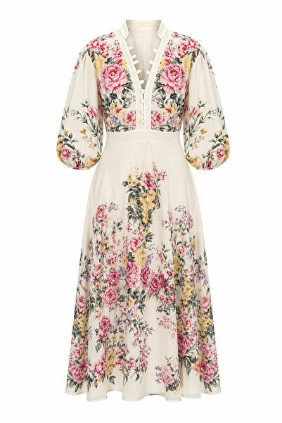 HAZELANNA Ρομαντικό φλοράλ φόρεμα με λεπτομέρεια με κουμπιά σε σχήμα V