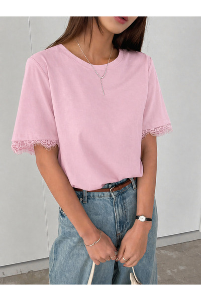 MOONBULL Γυναικείο μπλουζάκι με κοντό μανίκι με δαντέλα σε αντίθεση, φαρδύ γι...