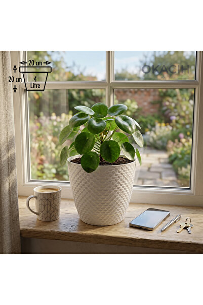 okacih Hasır Desenli Dekoratif Saksı 4 Litre 20 cm Modern Rattan Görünümlü İç...