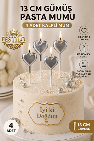 FESTİLO 13 CM Gümüş Kalpli Pasta Mumu 4 Adet | Şık Doğum Günü Pastası Mum Seti