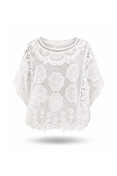 5in1Canpolat Λευκή Μπλούζα με Κεντημένα Λουλούδια και Δαντέλα 39740