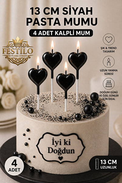 FESTİLO 13 CM Siyah Kalpli Pasta Mumu 4 Adet Şık Doğum Günü Pastası Mum Seti