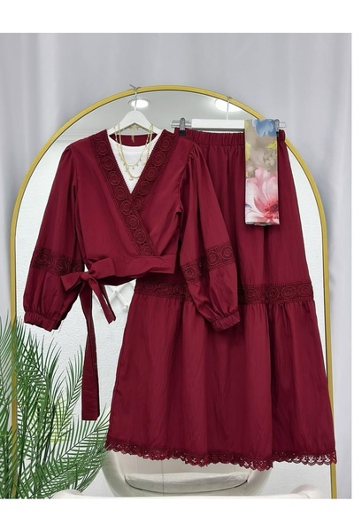 MODA VEDAT Set de fustă elastică cu mâneci legate cu dantelă pentru femei -0750