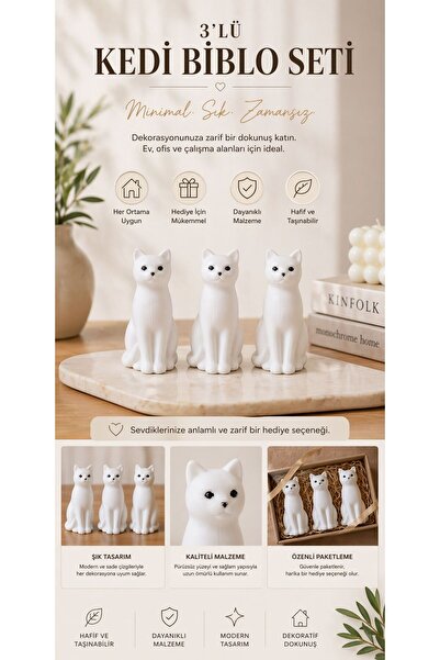 3'lü Minimalist Beyaz Kedi Biblo Seti - 6 cm Dekoratif Modern Masa Üstü Obje - Hediyelik 3'lü Set