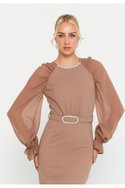 Sienna Fashion Μπεζ φόρεμα με μανίκια από βουάλ Πάουλα