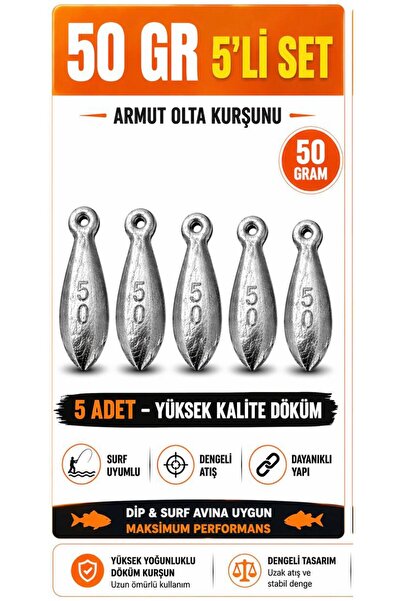 EK AV EKİPMANLARI 50 GR ARMUT OLTA KURŞUNU 5 ' Lİ SET -SURF & DİP AVI İÇİN YÜ...