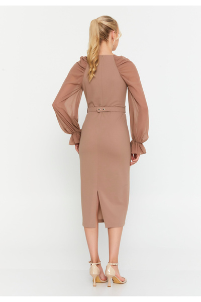 Sienna Fashion Μπεζ φόρεμα με μανίκια από βουάλ Πάουλα