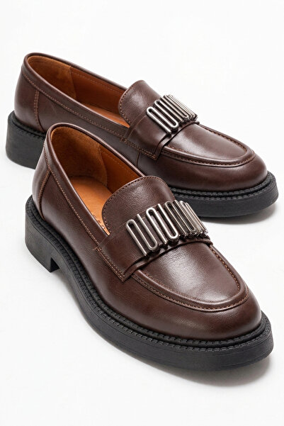 GRADA Καφέ Γνήσιο Δερμάτινο Γυναικείο Παπούτσι Loafer με Μεταλλική Πόρπη, Εσω...