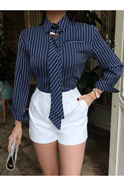 franky B Γυναικείο ριγέ πουκάμισο με αξεσουάρ φουλάρι