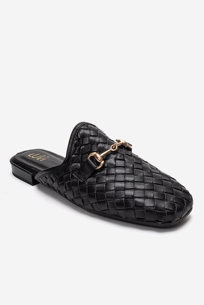 LuviShoes Senia Black Knitted Genuine Leather Buckle Closed-Front Women's Slippers