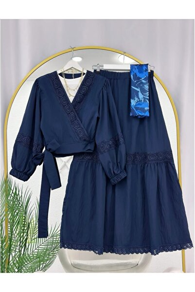 MODA VEDAT Set de fustă elastică cu mâneci legate cu dantelă pentru femei -0750