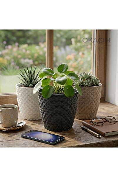 okacih 3’lü Dekoratif Hasır Desenli Saksı Seti 14 cm 1.6 Lt Rattan Görünümlü ...