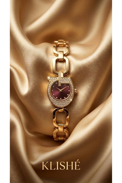 KLISHE Luxury Women's Steel Watch Gold Color & Claret Red Dial Special Design Elegant Women's Wristwatch Leather Luxury Boxed Limited Edition 2026