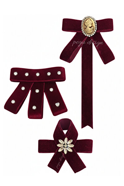 pegu baby collection KRALİÇE CAMEO 3 LÜ BORDO KADİFE ÖZEL SERİ GÜMÜŞ TAŞLI EL...