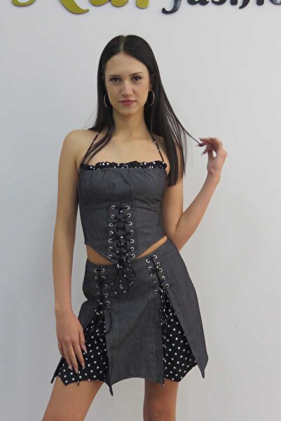 ZEDO RJVA Denim Korseli Crop Üst ve Etek Takımı