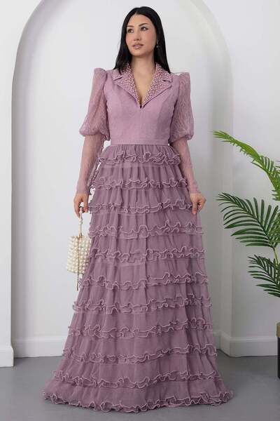 PULLIMM Φόρεμα με γιακά πουκάμισου, βολάν και λεπτομέρεια από χάντρες 6365