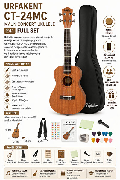 Urfakent CT-24MC Maun Concert Ukulele 24” Full Set (Metod + Nota Sticker + As...