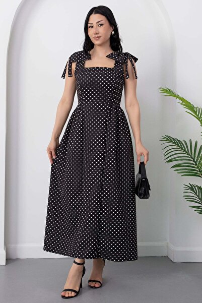 PULLIMM Square Neck Shoulder Bow Gathered Dress 2026-4570