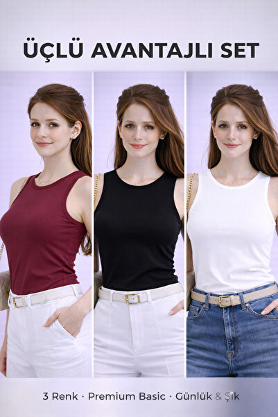 UZÇE MODA Black White Burgundy Color Triple Crew Neck Slim Fit Basic Undershirt