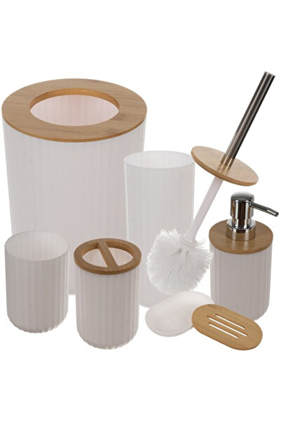 AUREA Elegant Bathroom Accessory Set, 6 Pieces, White & Bamboo, Ribbed Design...
