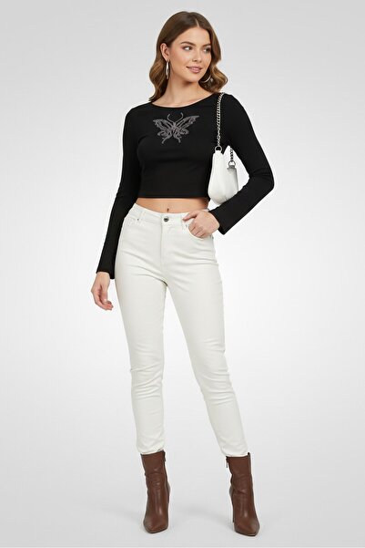 Don't Call Me Jennyfer Women Crew Neck Long Sleeve Embellished Detail Top, Black
