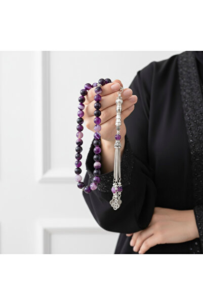 OEMS Purple Agate Prayer Beads - 33 Beads with Elegant Karkosha