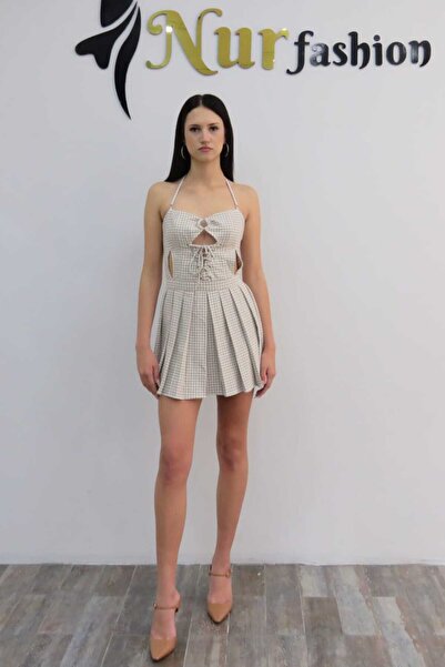 ZEDO RJVA Halter Yaka Kareli Mini Elbise