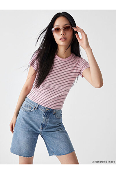 LC Waikiki Crew Neck Striped Women's Ribbed T-Shirt