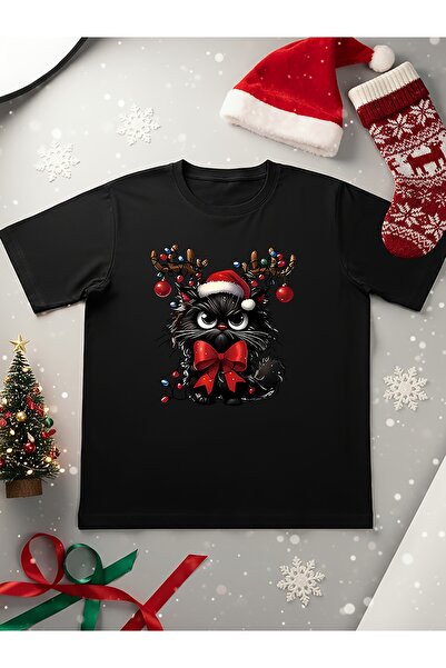 yiou trendy clothing تي شيرت رجالي ممتع لعيد الميلاد بتصميم قطة سوداء مع قرون...