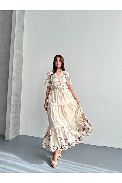 Ekim Store Κεντημένο λινό μάξι φόρεμα που πλένεται