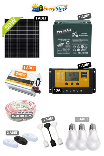 EnerjiStar Güneş enerji sistemi 500w güç 50w panel 24ah jel akü 3 lambayı 10 ...