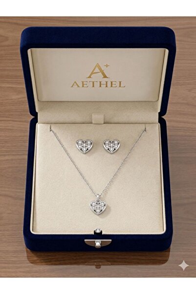 Metay Silver Zirkon Taşlı Kalp Desenli Hediyelik Küpe Ve Kolye 925 Ayar Gümüş...
