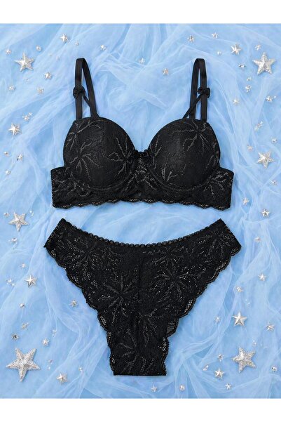 Luvia Lingerie siyah gümüş işlemeli 2'li iç çamaşırı takımı
