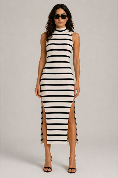 MuFuLu Striped Short High-Neck Double Slit Ribbed Dress