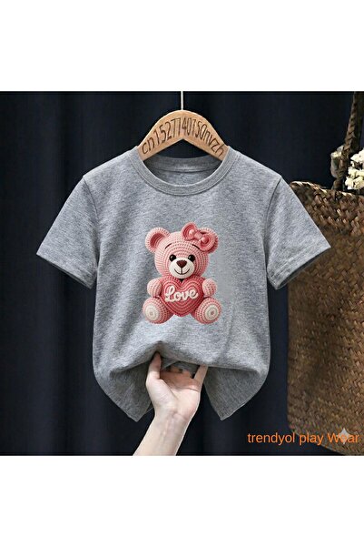 playwear Πλεκτό μπλουζάκι με στάμπα Pink Bear Love, 100% παιδικό unisex μπλου...