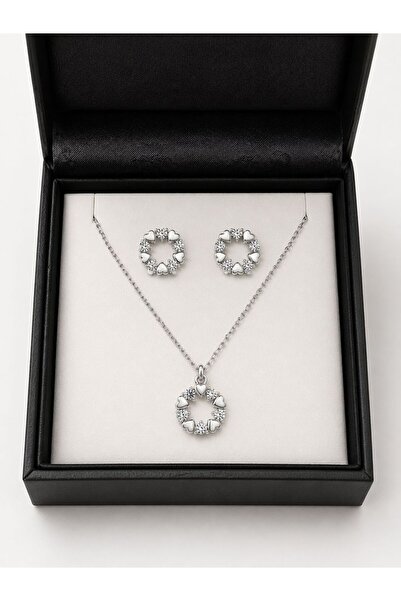 Metay Silver Zirkon Taşlı Minik Kalpli Hediyelik 925 Ayar Gümüş Set