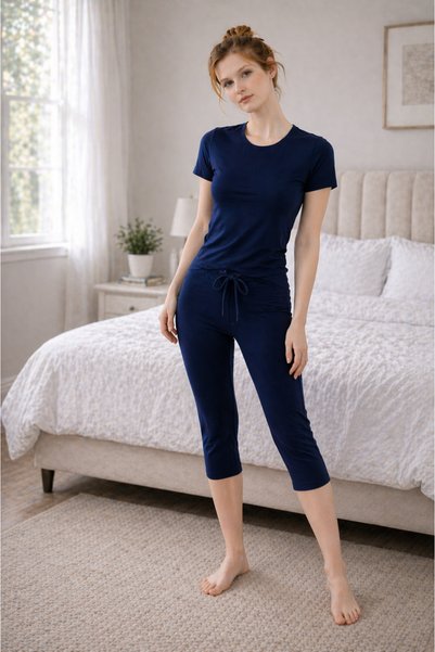 MyBen Set de pijamale capri din bumbac, albastru marin, pentru femei, croială confortabilă