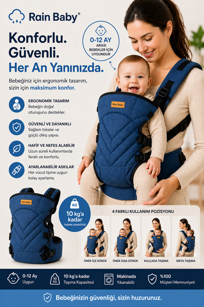 Rain Baby Ergonomik Bebek Kanguru Taşıyıcı 0-12 Ay – Çok Pozisyonlu, Nefes Al...