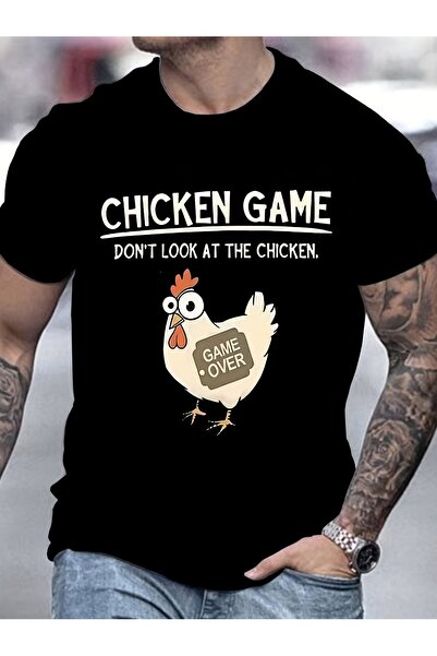 yiou trendy clothing تي شيرت رجالي مطبوع عليه عبارة "CHICKEN GAME" وتصميم دجا...
