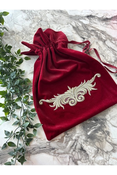 ELORA MAISON Nakış Detaylı Kadife Kese, Terlik Kesesi, Ayakkabı Çantası, Büzg...