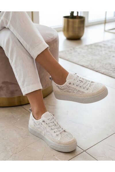 Daloğlu White Lace Patterned Comfortable Orthopedic Women's Sports Shoes