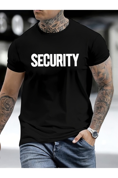yiou trendy clothing تي شيرت رجالي كاجوال برقبة دائرية مع كلمة "SECURITY" مطب...